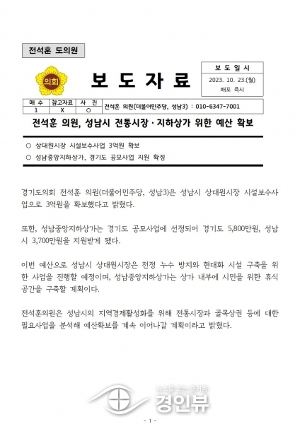 전석훈 의원, 성남시 전통시장·지하상가 위한 예산 확보