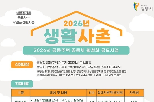 광명시, 이웃과 함께 변화 만드는 ‘생활사촌’ 공동체 활동에 최대 1천만 원 지원